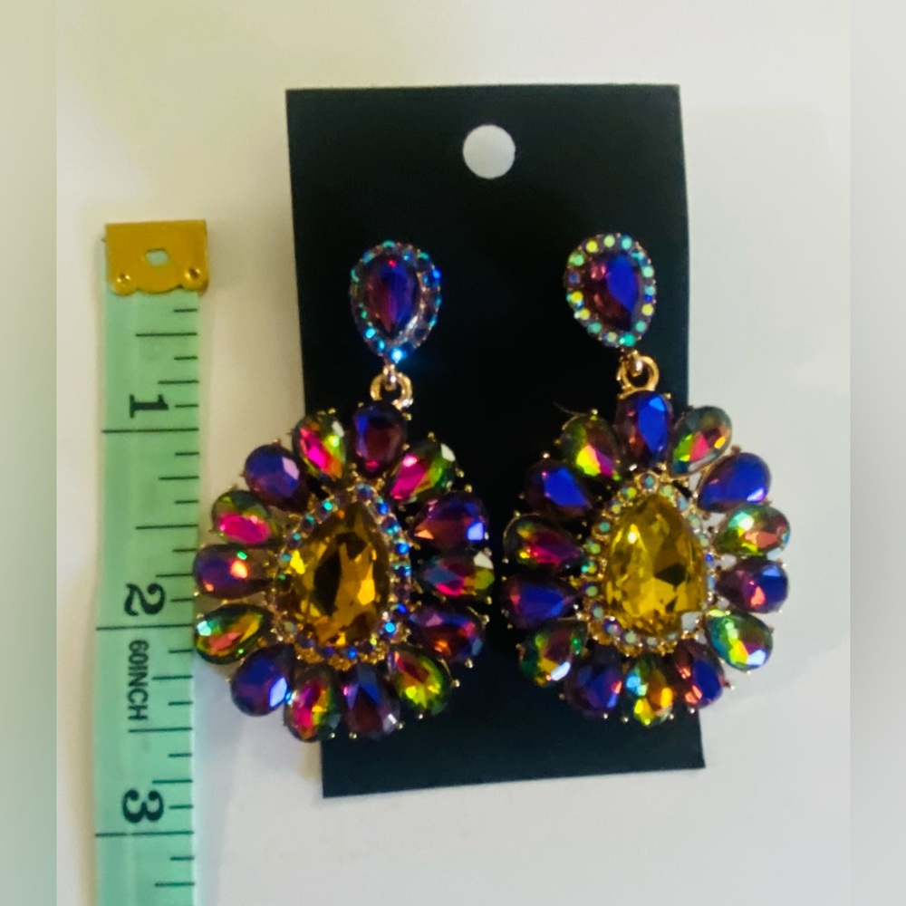 Statement Multicolor Teardrop Crystal Earrings - Yellow Center